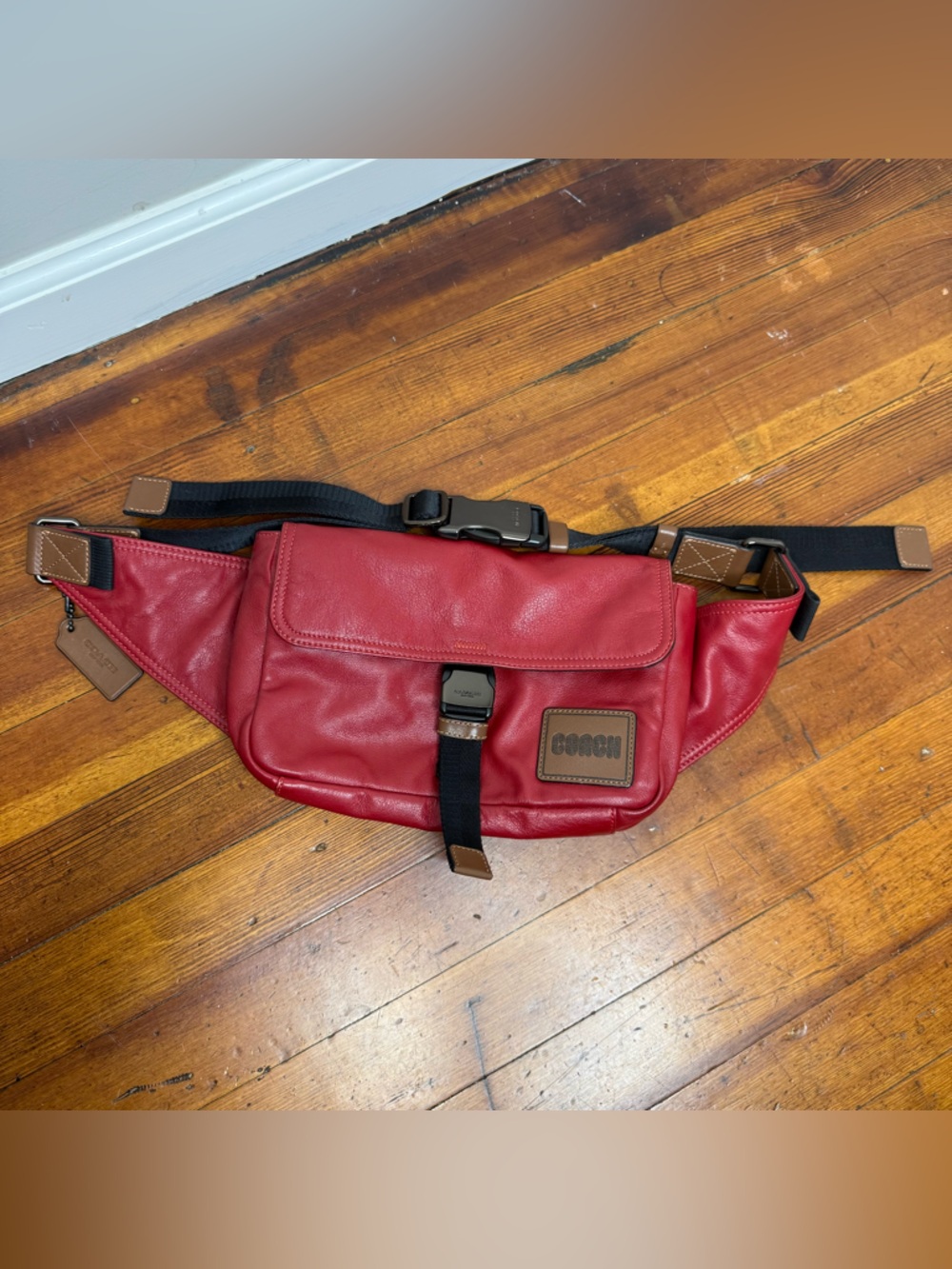 Coach Red Leather Waist Belt Bag with Brown Accents